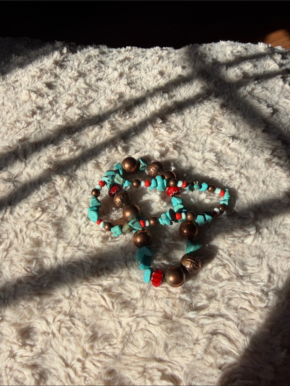 Turquoise Chip and Copper Accent Women’s Necklace with Red Beads
